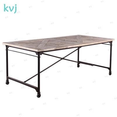 Kvj-7224 Movable Steel Base Industrial Reclaimed Wood Dining Table