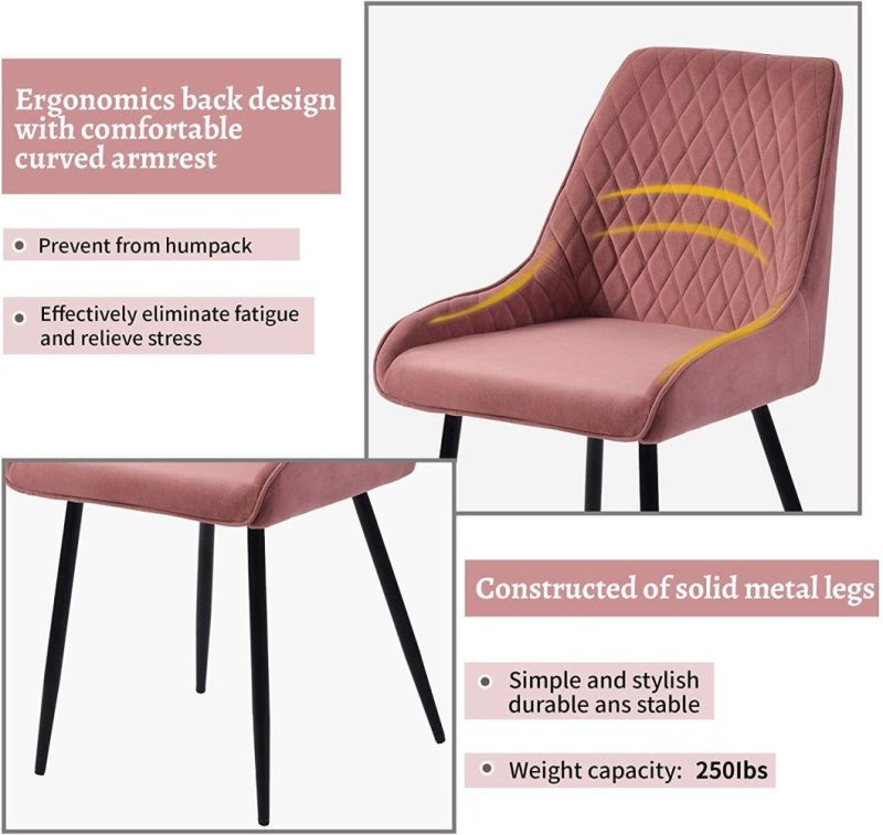 Kitchen Dining Room Chair Velvet Side Chair for Bedroom Living Room Fabric Back Support & Metal Legs, Pink