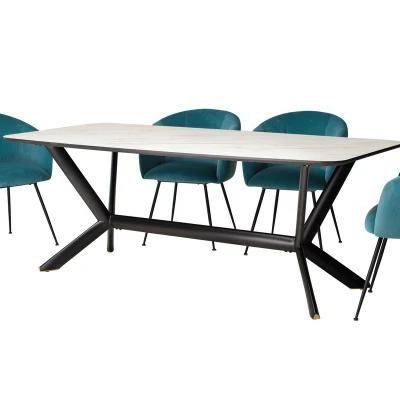 Contemporary New Design Luxury Sinered Stone Top Dining Table with X Shape Black Iron Leg