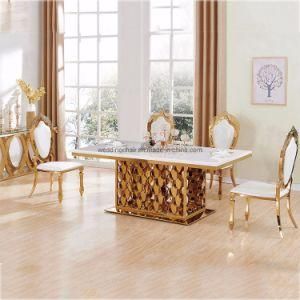 Fashion Golden Stainless Steel Herring-Bone Form Base Glass Top Dining Table