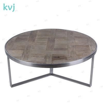 Kvj-7344 Round Stainless Steel Base Parquet Solid Wood Coffee Table