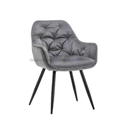 2021 Factory Supply Top One Best Selling Grey Velvet Fabric Dining Chair with Armrest and Black Metal Legs