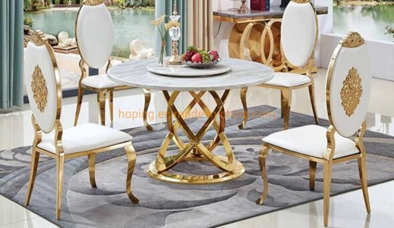 Classical Glass Top Dining Table with Gold Metal Stainless-Steel Frame Wedding Chair White Table Set