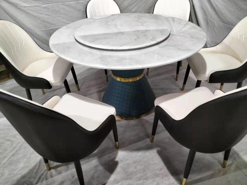 Round Table with Rotating Center Marble Dining Table with Leather Chairs