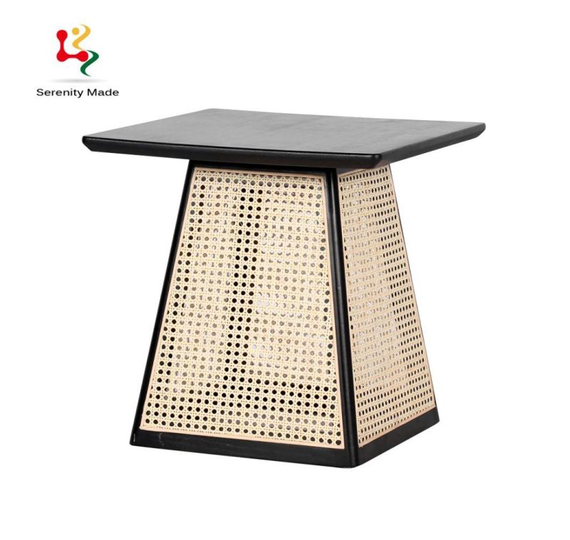 Modern Restaurant Furniture Black Wooden Frame Woven Round Dining Table