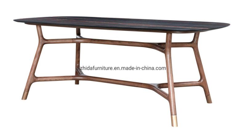 Modern Black Marble Top Dining Table with Wooden Base