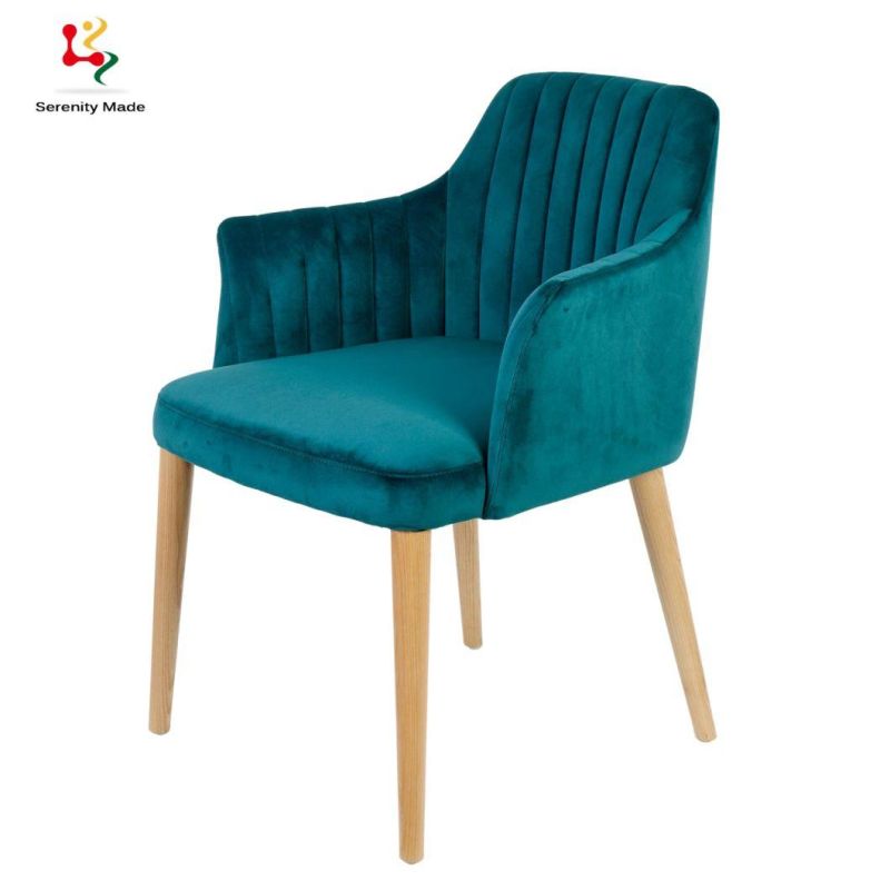 Modern Blue Velvet Upholstered Wooden Dining Armchair