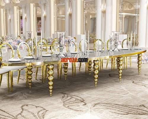 China Factory New Fashion Design Party Wedding Table Gold Silver Stainless Steel Plating Marble Orglass Desktop Glass Luxury Event Oval Banquet Table