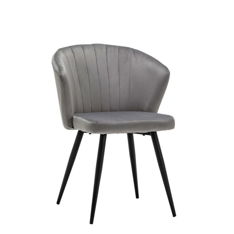 Modern Home Furniture Grey Fabric Covered Upholstered Dining Chair with Black Metal Legs