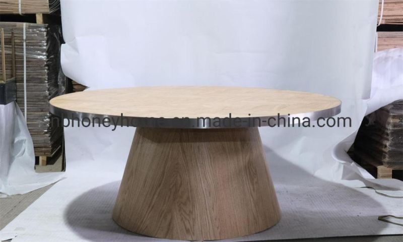 Nordic Big Round Natural Color Oak Veneer Grey Stainless Steel Circle Around Dining Table