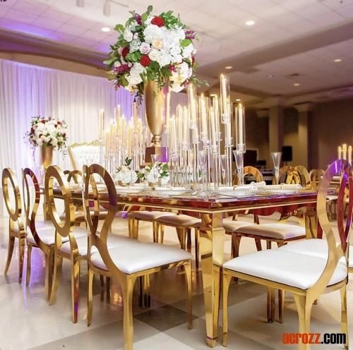 Factory New Fashion Design Party Wedding Table Gold Silver Stainless Steel Plating Marble Luxury Event Long Banquet Table