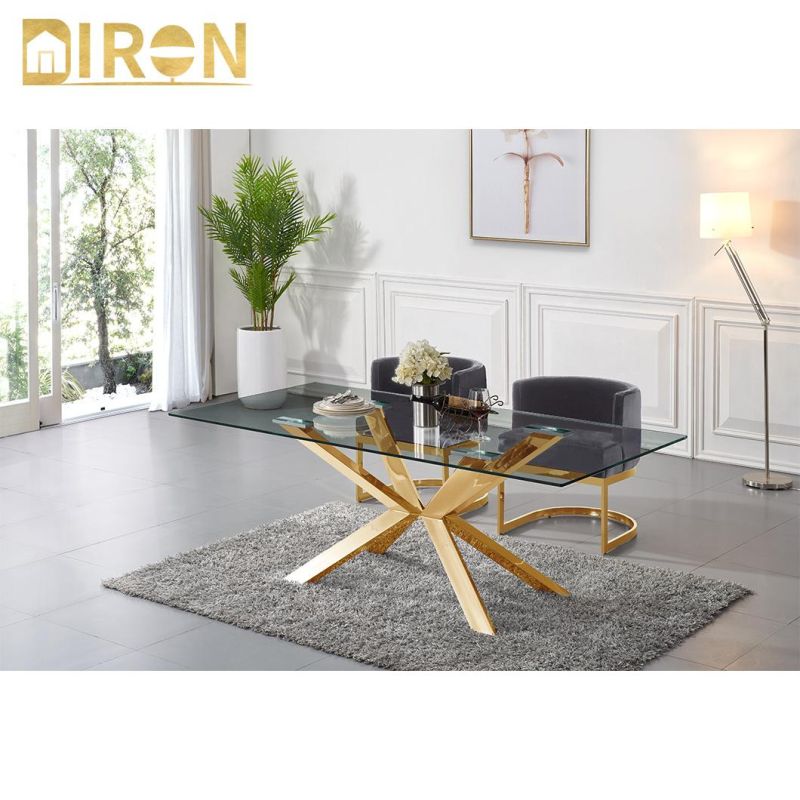 Modern Metal Stainless Steel Golden Glass Dining Room Sets Dining Table