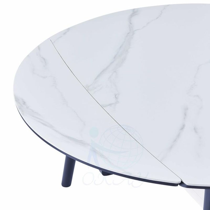 Modern Extendable Round Ceramic Plate Dining Table Set 6 People with Marble Look Tabletop Solid Oak Wood Frame Induction Cooker