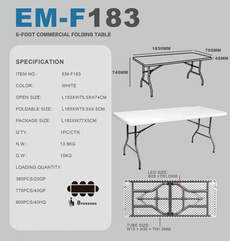 China Top High Quality Outdoor / Garden / Picnic Portable 6FT Plastic Rectangle Folding Dining Table Wholesale