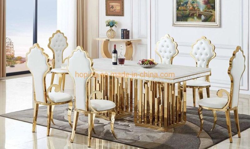 Classical Glass Top Dining Table with Gold Metal Stainless-Steel Frame Wedding Chair White Table Set