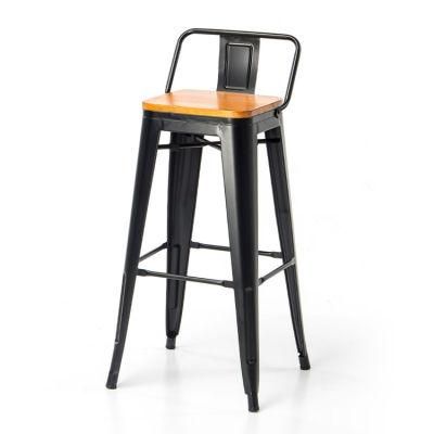 Low Back Industrial Counter High Bar Stool Metal Bar Stool with Wooden Board Seat