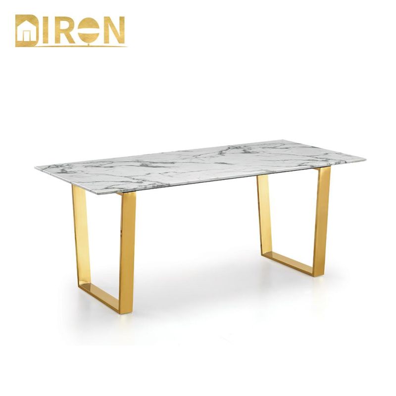 Factory Modern Luxury Restaurant Home Dining Kitchen Furniture Marble Top Stainless Steel Golden White Dining Table Set