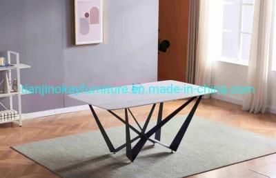 Modern Ceramic Top White Rectangle Dining Table with 4 Chairs Carbon Steel Base 4 People Dining Table