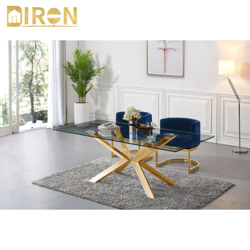 Modern Metal Stainless Steel Golden Glass Dining Room Sets Dining Table