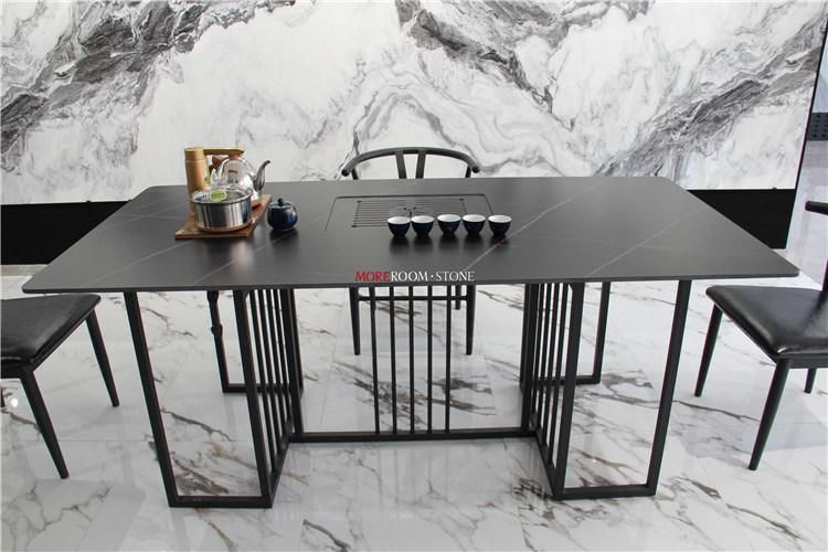 Big Size Custom Black Marble White Golden Veins Rectangle Porcelain Tile Dining Table Set