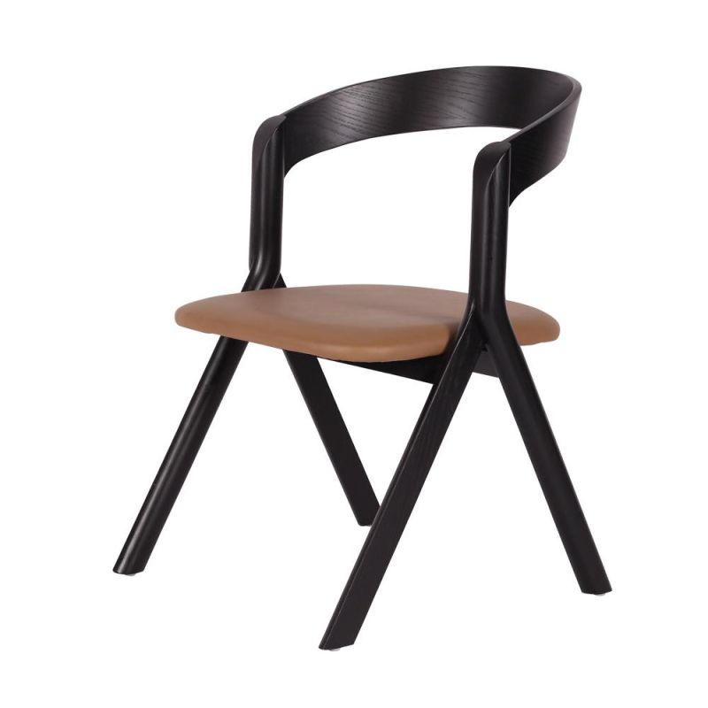 Simple Design Black Wooden Frame Brown Fabric Dining Chair for Restaurant Use