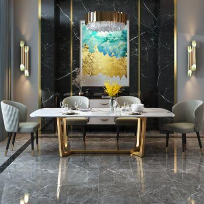 Home Furniture Marble Top Stainless Steel Metal Restaurant Dining Set with Leather Chairs