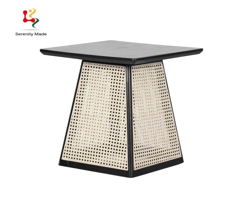 Modern Restaurant Furniture Black Wooden Frame Woven Round Dining Table