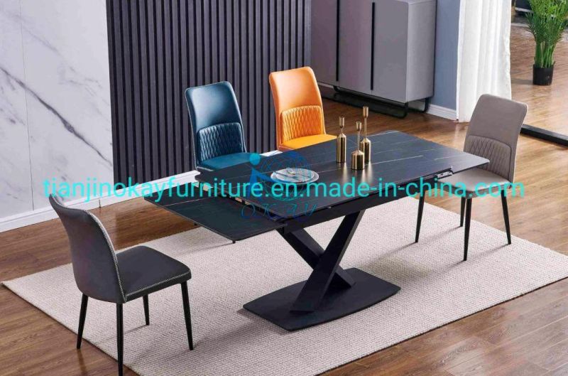 Contemporary New Design Luxury Sinered Stone Top Dining Table with X Shape Black Iron Leg