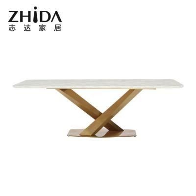 Gold Luxury Glossy Metal Dining Table Leg Villa/Star Hotel Use Italian Marble Top Dinner Table