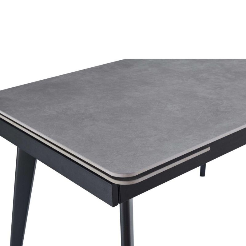 2021 Best Selling Italia Grey Ceramic Dining Table Two Side Top Extension with Black Metal Legs