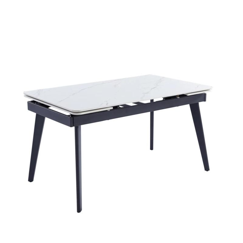 New Design High Gloss Face Ceramic Dining Table Two Side Top Extension with Black Metal Legs