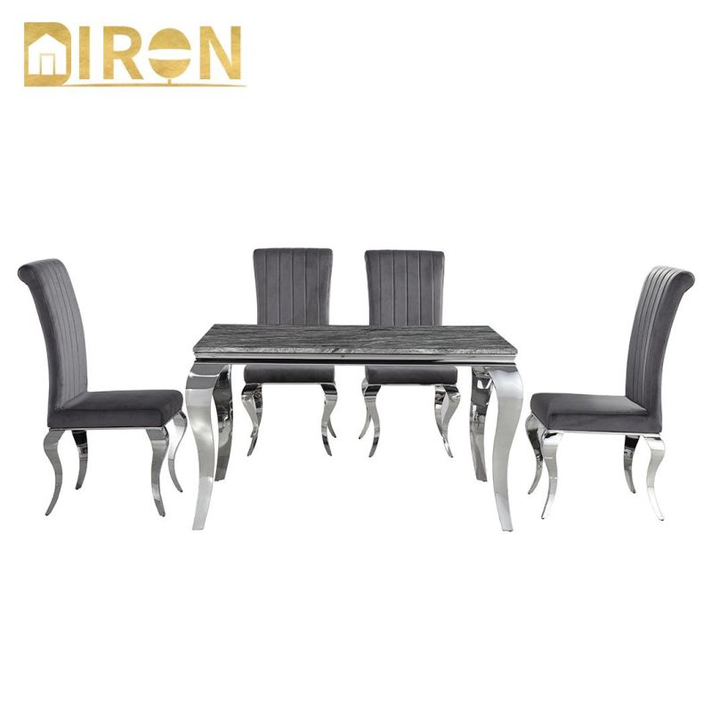 Home Hotel Restaurant Dining Set Marble Glass Top Metal Stainless Steel Pedestal Dining Chair Table