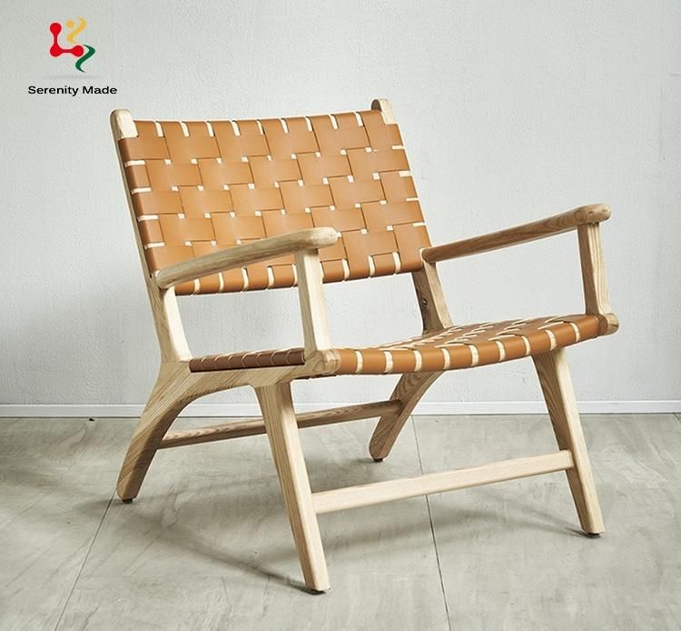 New Style Hotel Cafe Backyard Outdoor Furniture Wooden Ash Wood Saddle PU Leather Woven Leisure Chair with Armrest