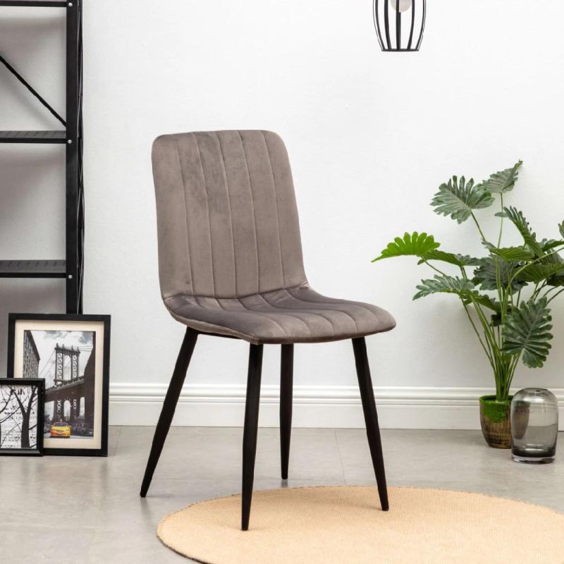 2021 Hot Sale Small Grey Velvet Fabric Dining Chair with Black Metal Leg