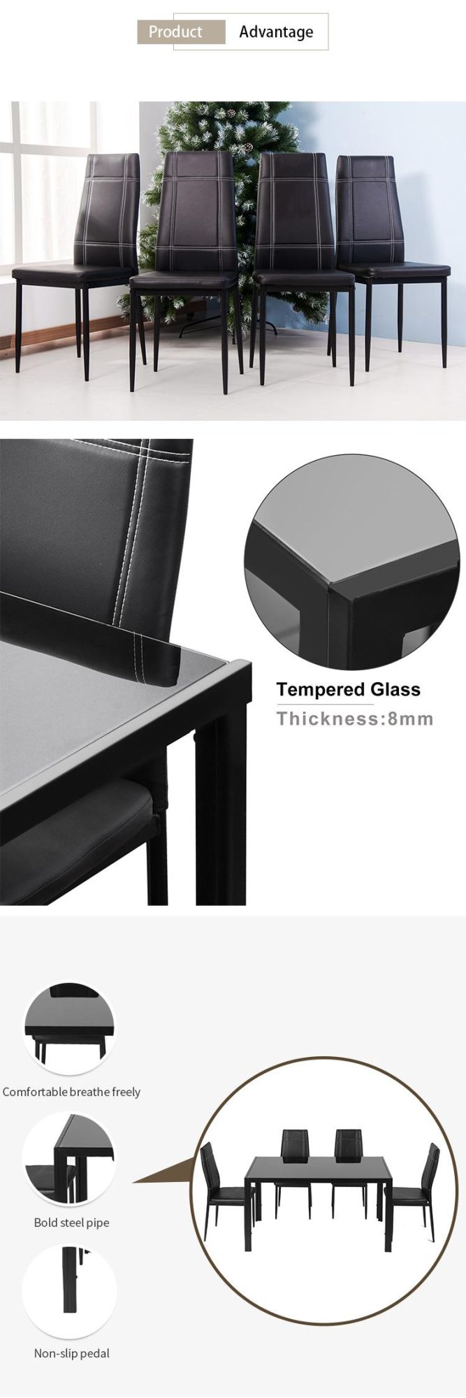 Modern PU Leather Black Dining Tables and Chairs Set for Dining Room