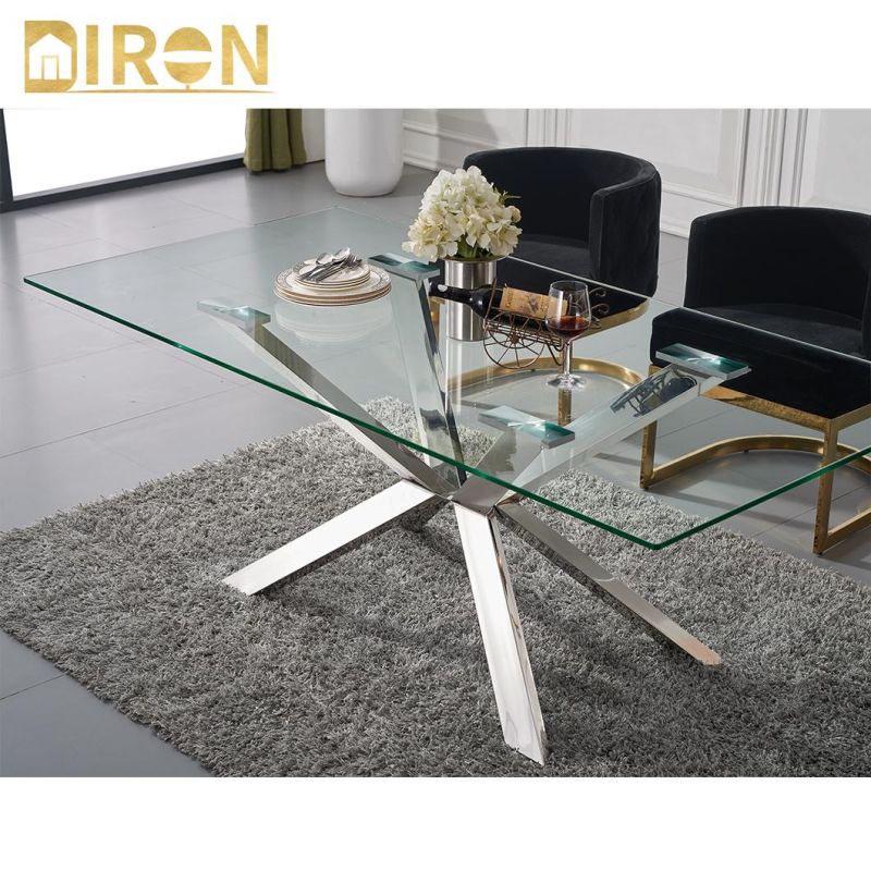 Foshan Furniture Stainless Steel Base Rectangle 12mm Tempered Glass Dining Table