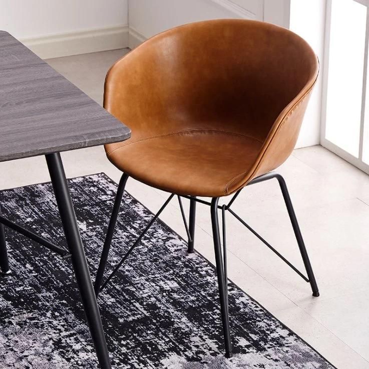 PU Leather Armrest Dining Chair in Black Metal Legs