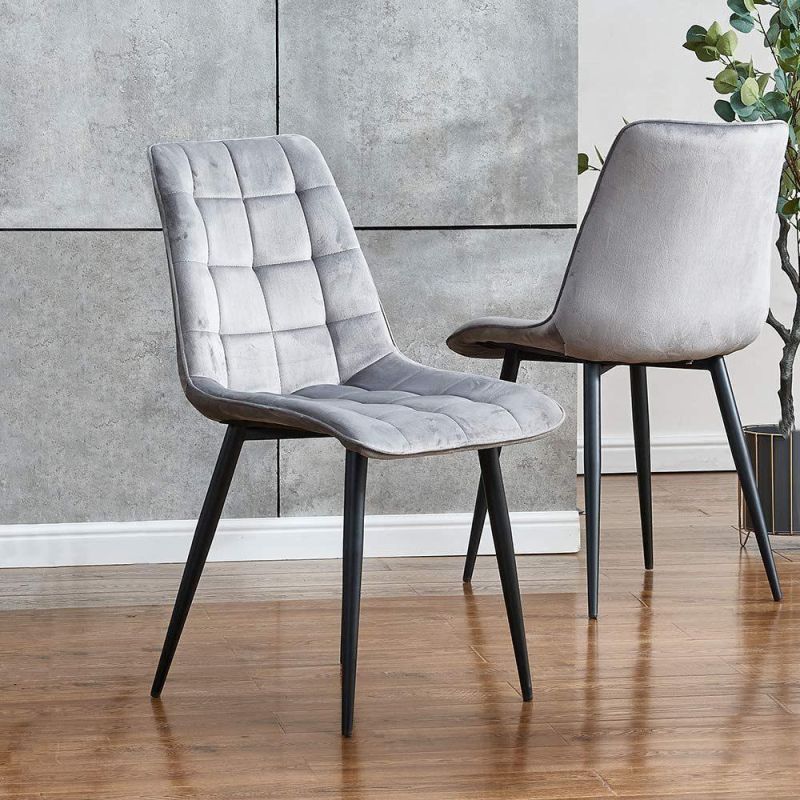 Modern Dining Chairs Set of 4 Grey Velvet Fabric Upholstered Kitchen Counter Chairs Occasional with High Backrest Black Metal Legs