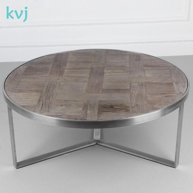 Kvj-7344 Round Stainless Steel Base Parquet Solid Wood Coffee Table