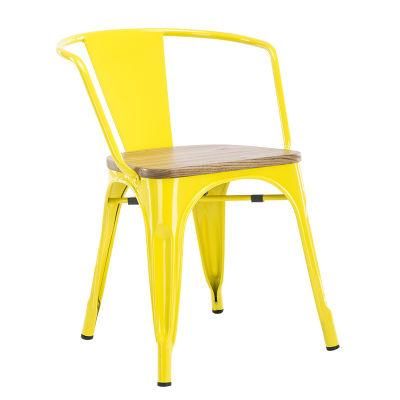 Restaurant Chair Yellow Industrial Vintage Leg Cafe Cheap Dining Metal Chair with Elm Wood Seat