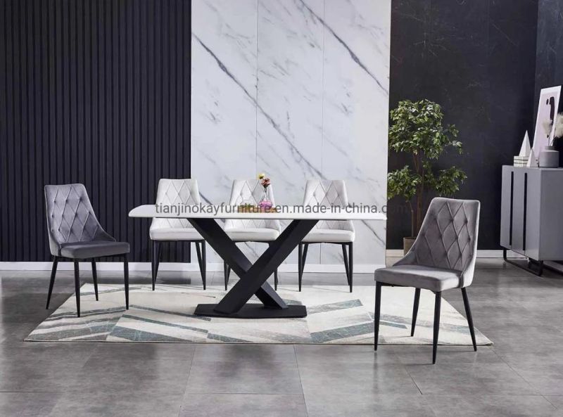 Marble Surface Slate Sintered Stone Top Modern White Gold Color Ceramic Table with Metal Base Dining Table Sets