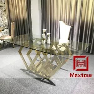 Dining Room Stainless Steel Gold Base Glass Top Dining Table