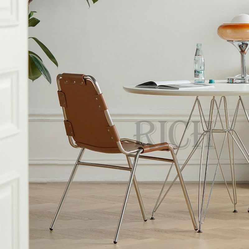 Restaurant Dining Chair Metal Legs Italian Modern Saddle Leather Dining Chair