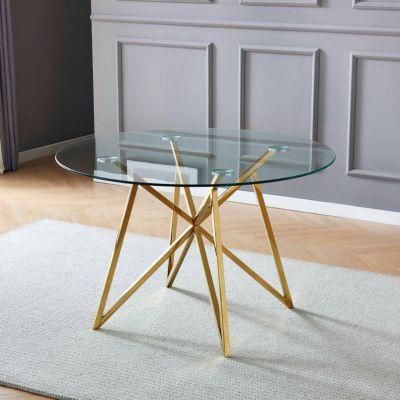 2022 Best Seller Home Furniture Modern Round Tempered Galss Table with Stainless Golden Chrome Legs