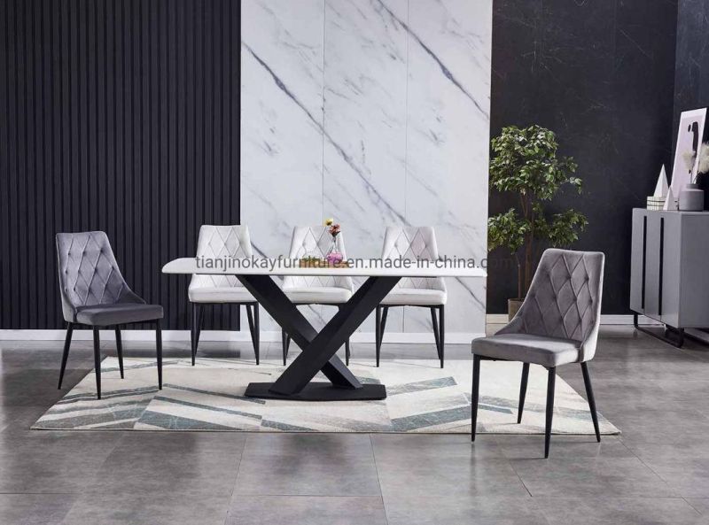 Marble Surface Slate Sintered Stone Top Modern Bulgaria Grey Color Ceramic Table with Metal Base Dining Table Sets