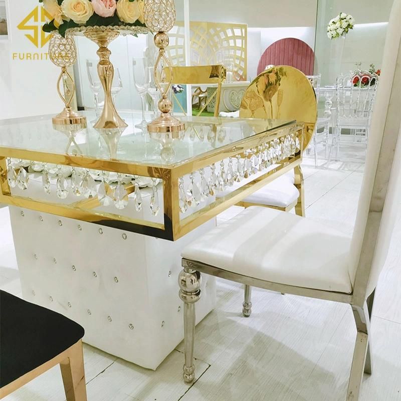 Customized Modern Furniture Gold Stainless Steel Glass Top Rectangular Cake Table for Wedding