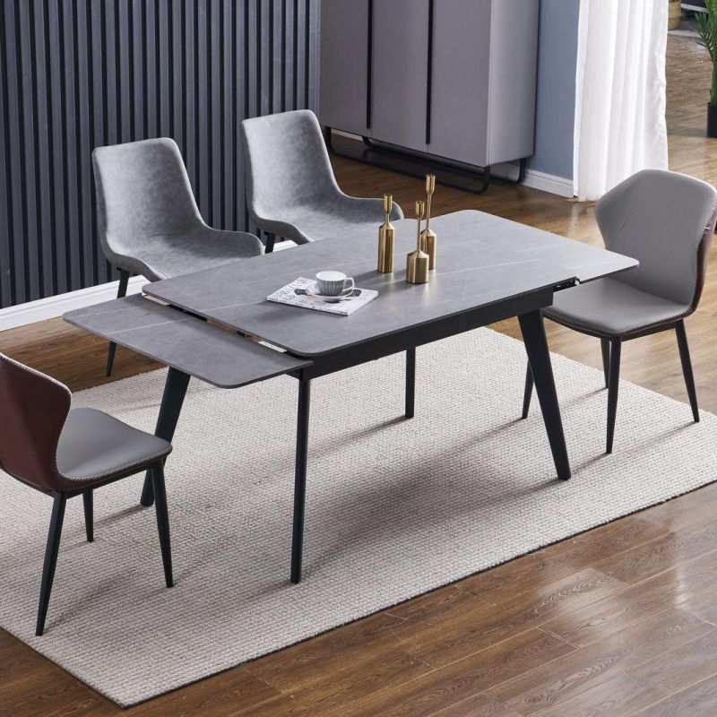 2021 Best Selling Italia Grey Ceramic Dining Table Two Side Top Extension with Black Metal Legs