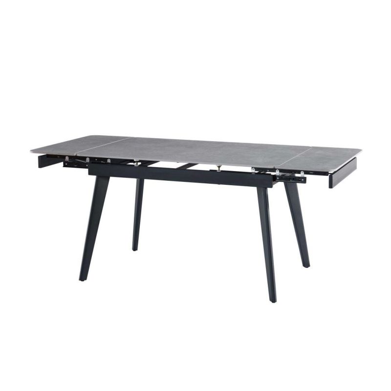 2021 Best Selling Italia Grey Ceramic Dining Table Two Side Top Extension with Black Metal Legs