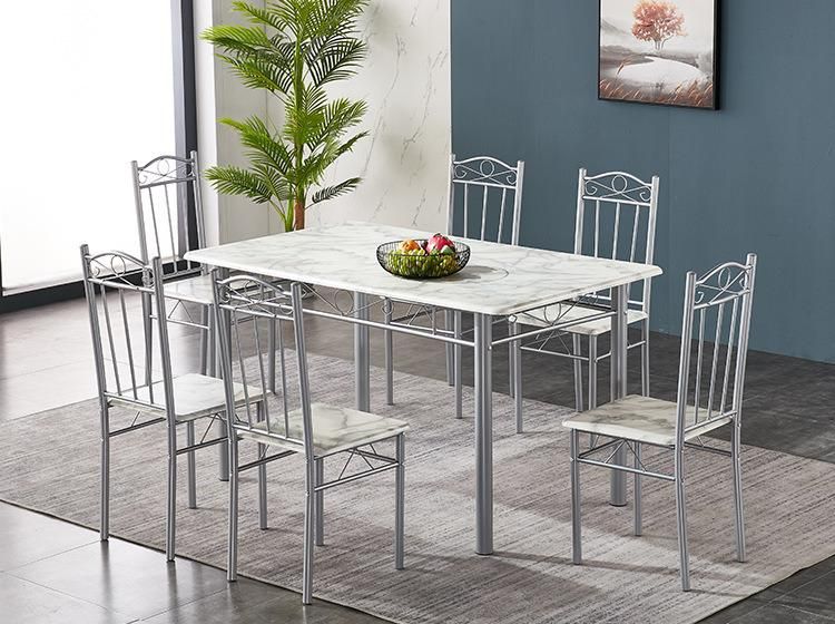 Malaysia Steel Wood Kitchen Dining Table 4 Chairs Marble PVC Dining Table Set 1+6