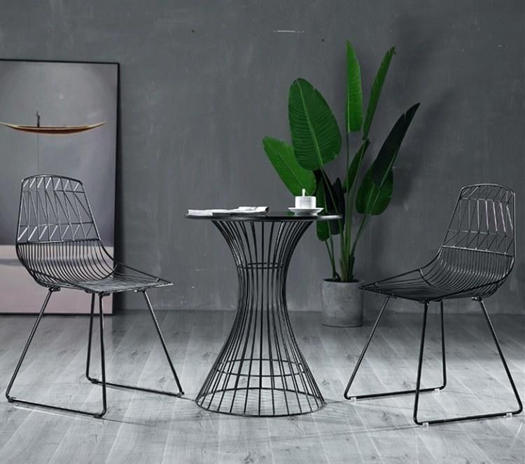 Industrial Style Outdoor Black Powder Coated Metal Wire Dining Chair with Seat Pad Modern Metal Garden Chairs